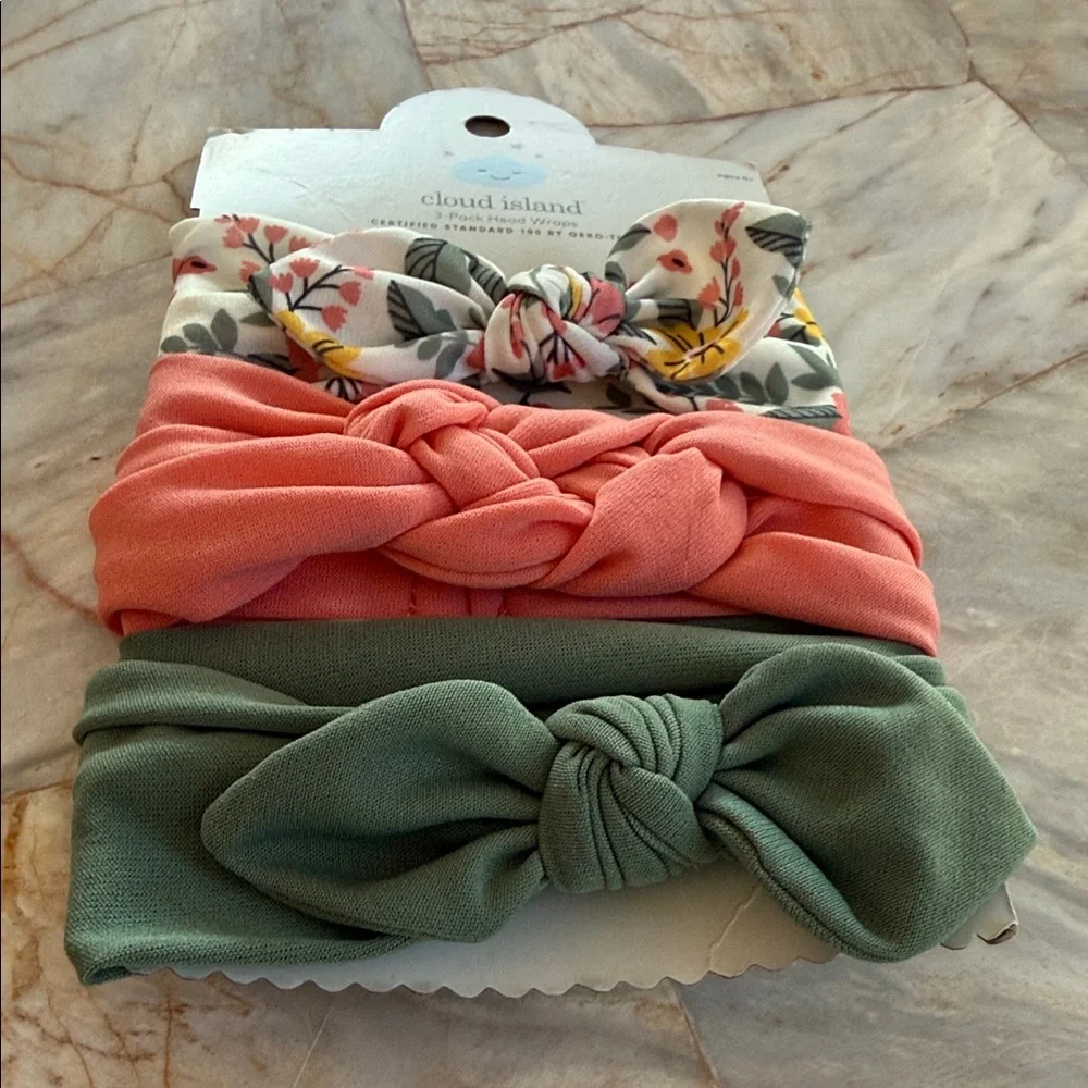 Cloud Island 3-Pack Baby Head Wraps Floral Coral Sage Green One Size NEW